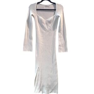 Prinbara Womens White Ribbed Knit Sweetheart Neck Side Slit Midi Sweater Dress S